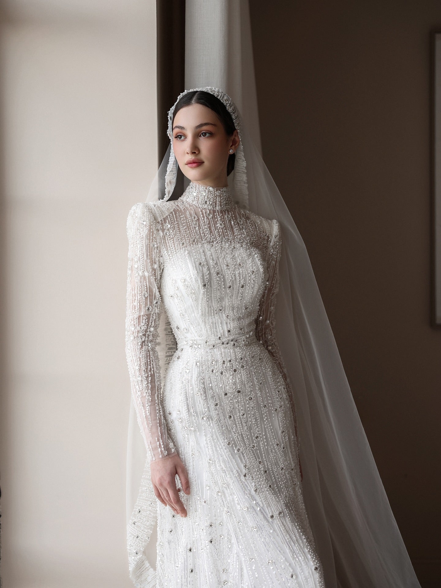 High Neck Beaded Long Sleeve Wedding Dress with Train