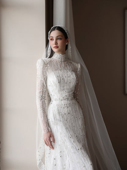 High Neck Beaded Long Sleeve Wedding Dress with Train