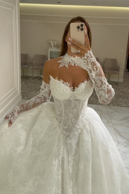 Lace Corset Ball Gown Wedding Dress with Sleeves