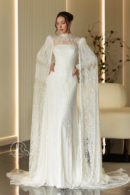 High Neck Lace Wedding Dress with Cape Sleeves