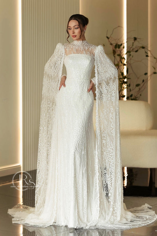 High Neck Lace Wedding Dress with Cape Sleeves