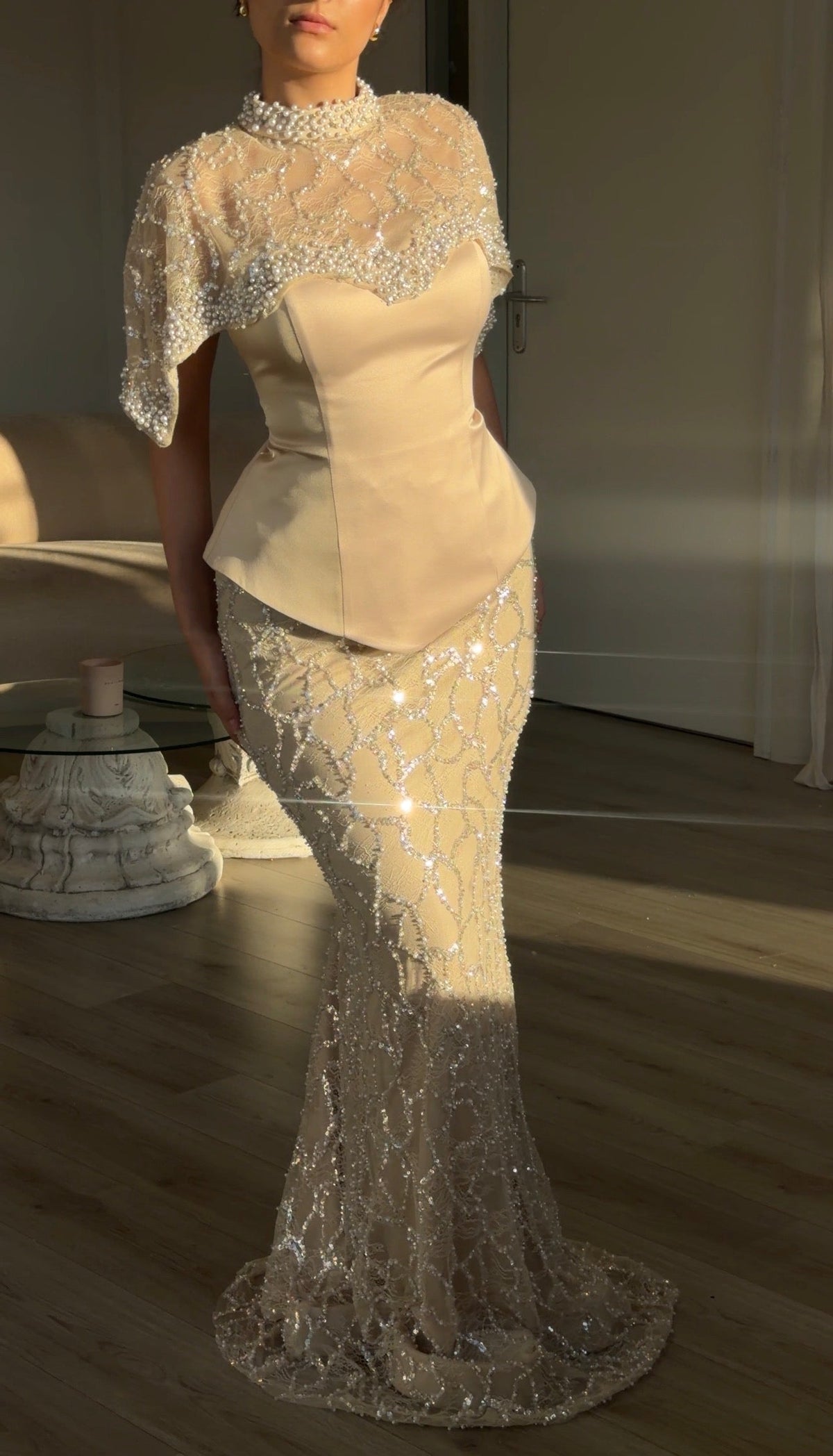 Peplum Mermaid Gown with Pearl Capelet