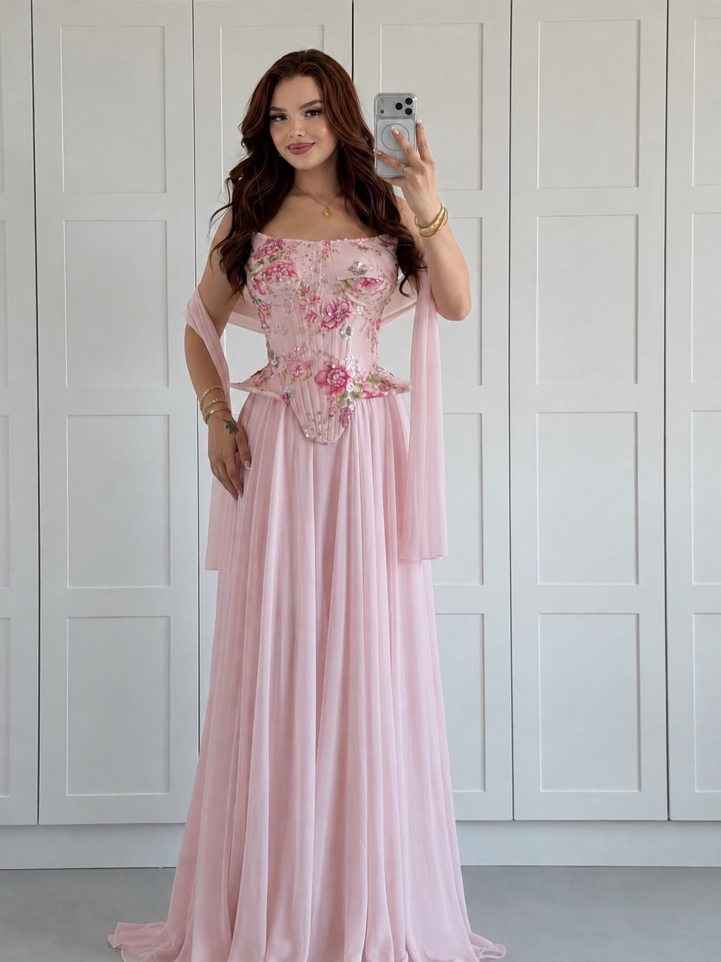 Floral Corset Evening Gown with Matching Shawl