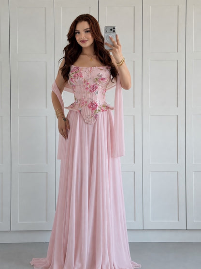 Floral Corset Evening Gown with Matching Shawl
