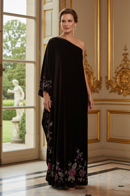 One-Shoulder Embroidered Velvet Kaftan Gown