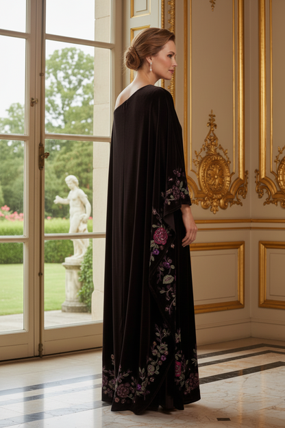 One-Shoulder Embroidered Velvet Kaftan Gown
