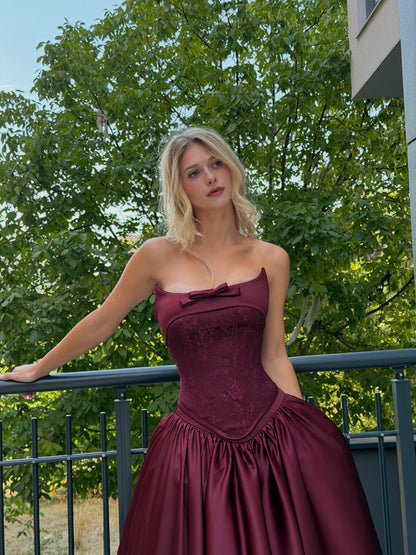 Lace Corset Ball Gown with Bow Accent