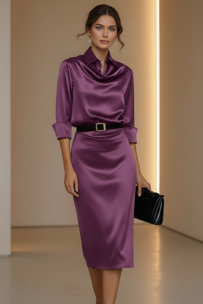 Satin Belted Shirt Dress with Cowl Neck & Back Slit