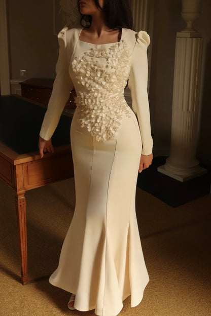Floral Applique Mermaid Gown with Puff Long Sleeves