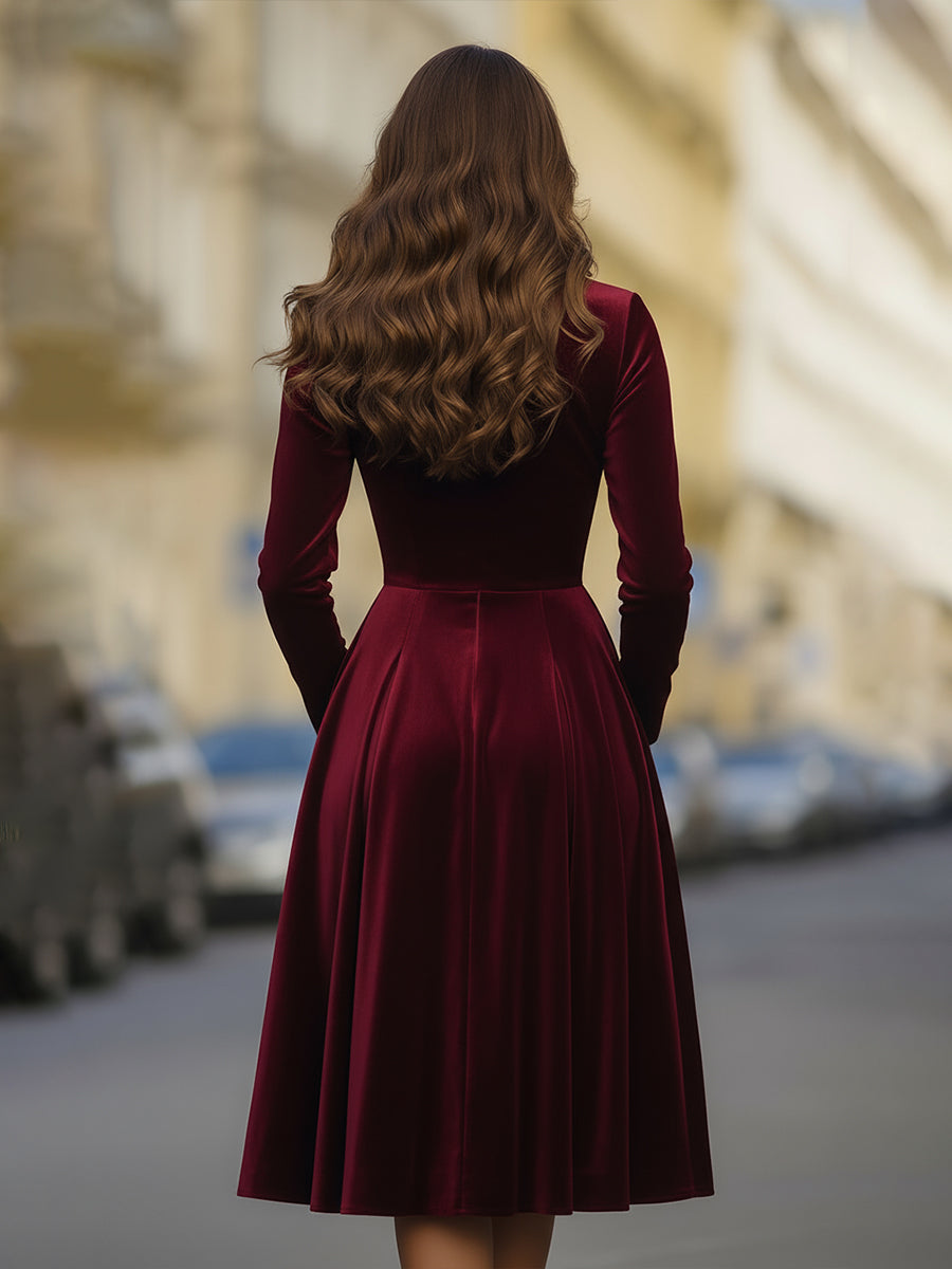 Velvet Lapel Collar A-Line Midi Dress with Pockets