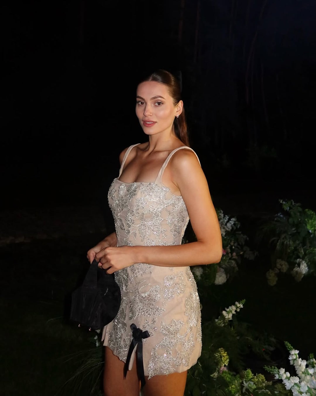 Beaded Lace Square Neck Cocktail Mini Dress