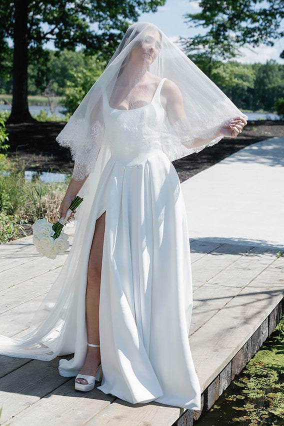 Square Neckline Satin Wedding Gown with High Slit