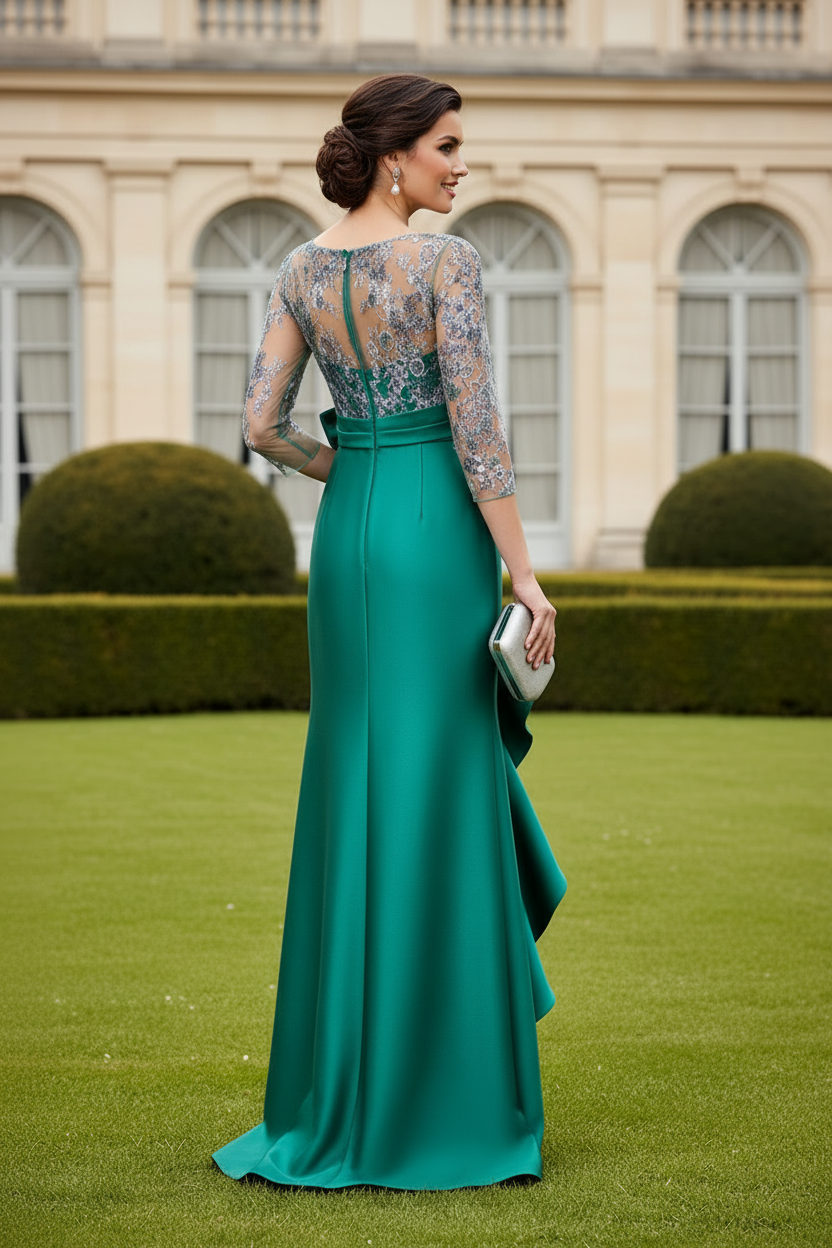 Bateau Neck 3/4 Sleeve Sequin Bodice Gown with Ruffled Slit