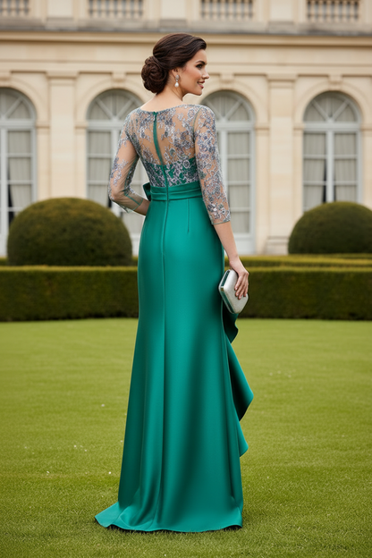 Bateau Neck 3/4 Sleeve Sequin Bodice Gown with Ruffled Slit