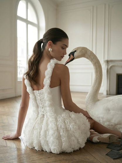 3D Floral Corset Bubble Mini Wedding Dress