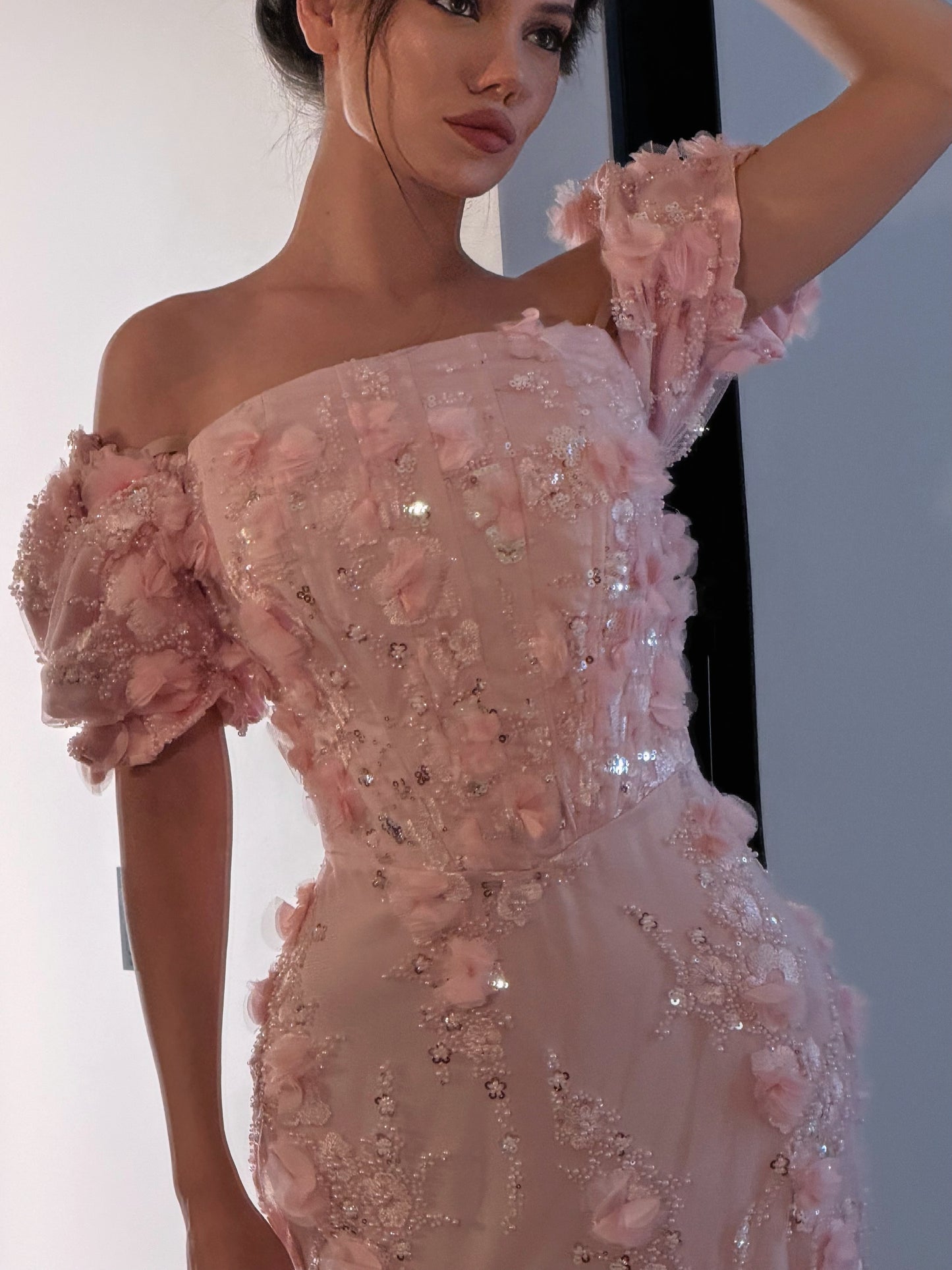 3D Floral Sequin Gown with Puff Sleeves