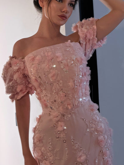 3D Floral Sequin Gown with Puff Sleeves