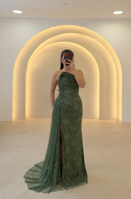Strapless Lace Evening Gown with High Slit