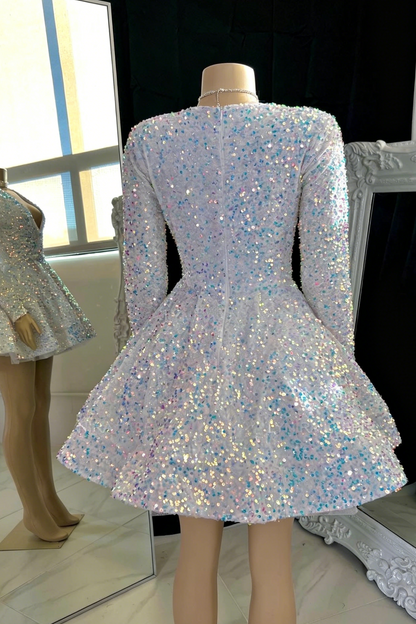 Sequined Deep V-Neck Long Sleeve Mini Dress