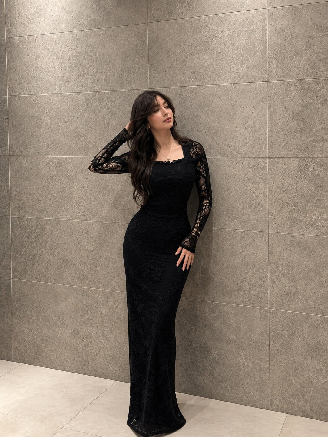 Square Neck Long Sleeve Lace Column Gown
