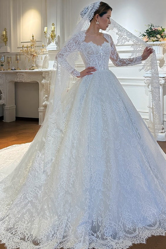 Corset Lace Ball Gown Wedding Dress with Cathedral Train
