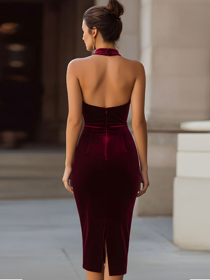 Halter Neck Backless Velvet Midi Dress