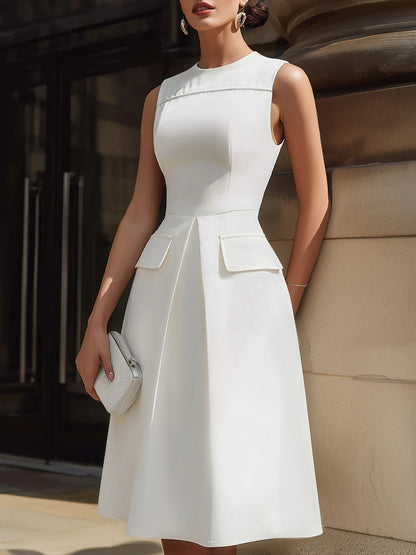 Sleeveless Flap Pocket Pleated A-Line Midi Dress