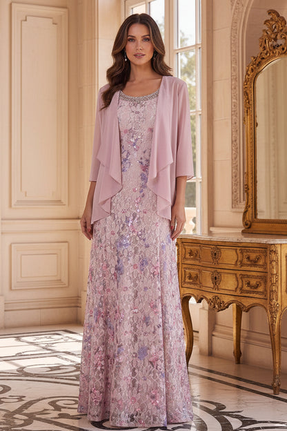 Floral Sequin Lace Gown with Sheer Chiffon Jacket