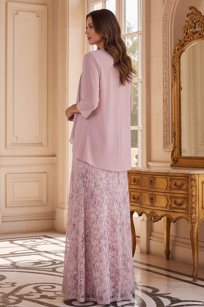 Floral Sequin Lace Gown with Sheer Chiffon Jacket