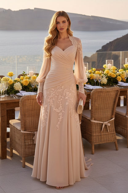 Pleated Bodice Gown with Sheer Bishop Sleeves
