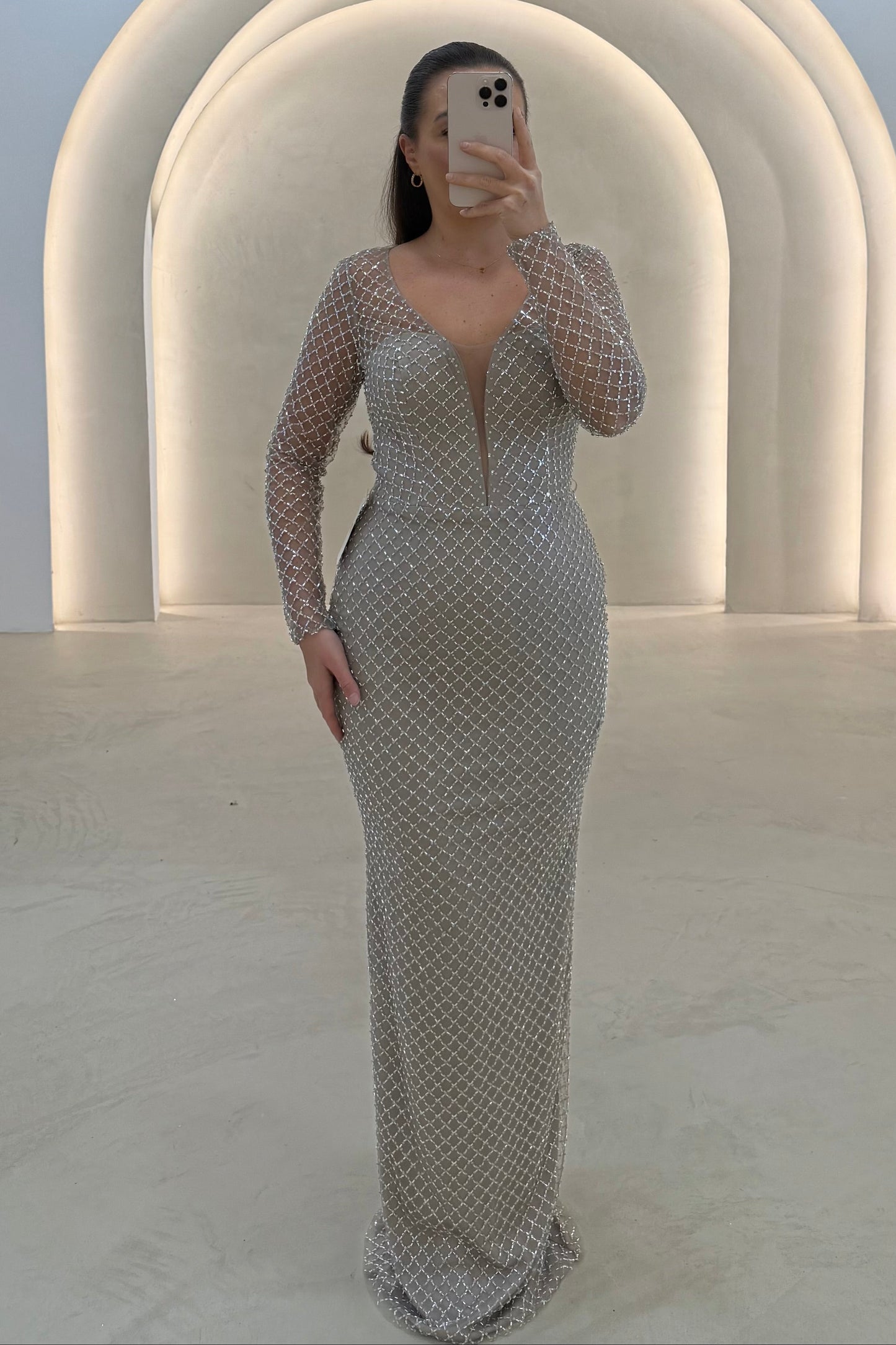 Grid Sparkle Illusion Long Sleeve Evening Gown