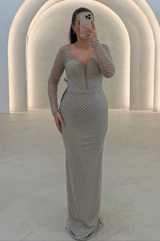 Grid Sparkle Illusion Long Sleeve Evening Gown