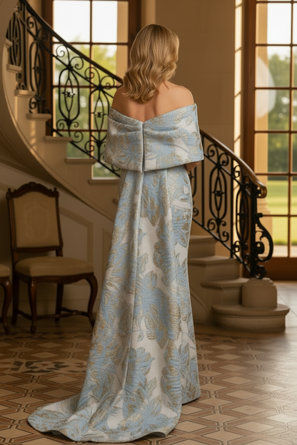 Off-the-Shoulder Jacquard Gown with Cape Train
