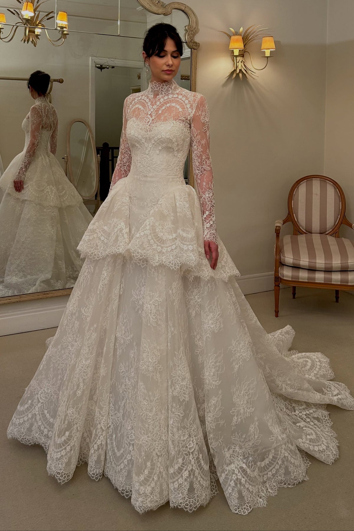 High-Neck Long-Sleeve Tiered Lace Ball Gown Wedding Dress