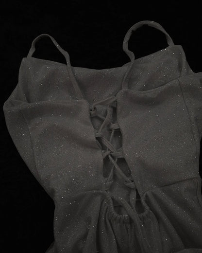 Glitter Cowl Neck Lace Up Mini Dress