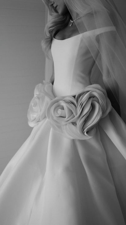 Off-the-Shoulder 3D Rosette Ball Gown Wedding Dress