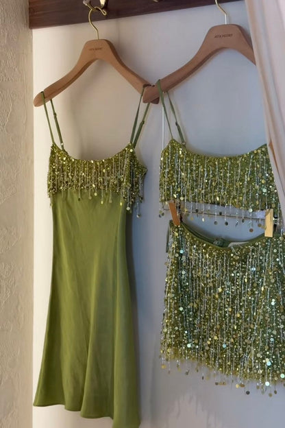 Beaded Fringe Satin Slip Mini Dress