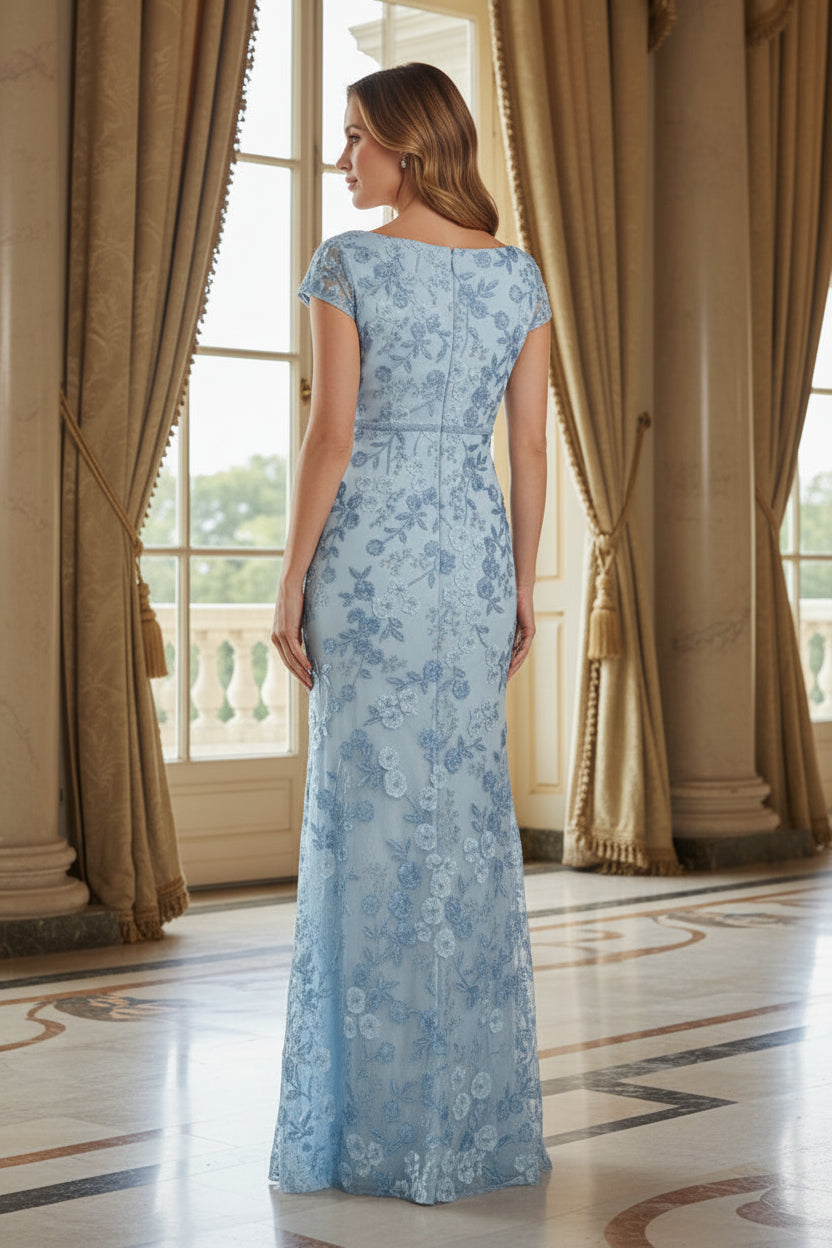Embroidered Floral Lace Gown with Cap Sleeves