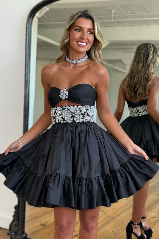 Strapless Beaded Cutout Mini Dress with Flared Skirt