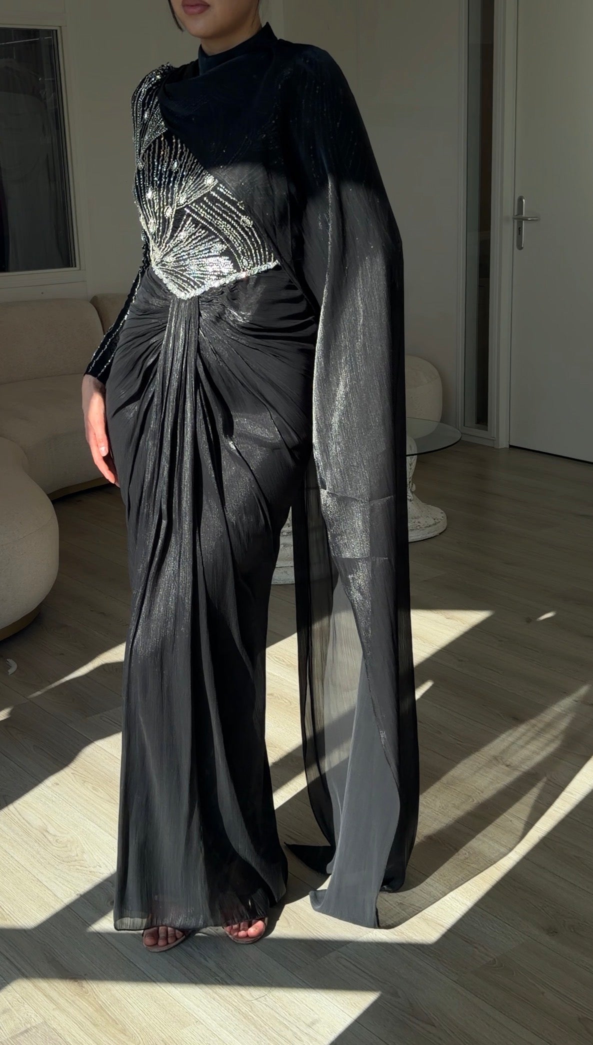 Beaded Bodice Draped Evening Gown with Cape
