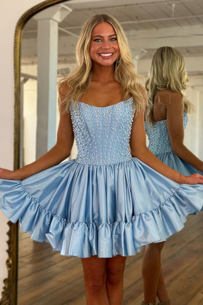 Pearl Beaded Corset Ruffle Mini Dress