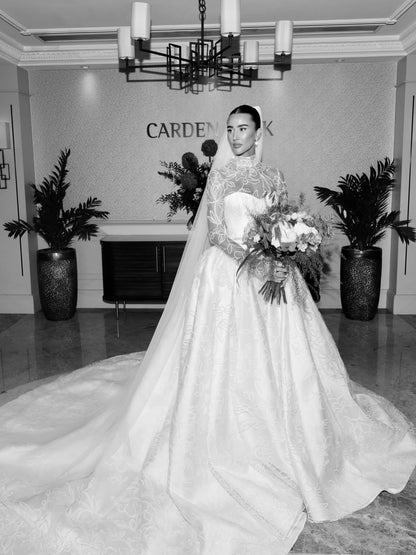 Embroidered High-Neck Ball Gown Wedding Dress with Pockets