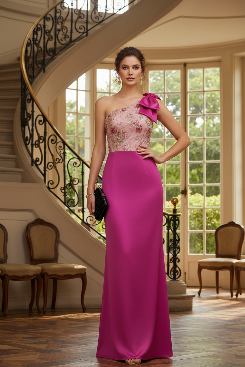 One-Shoulder Embroidered Satin Evening Gown