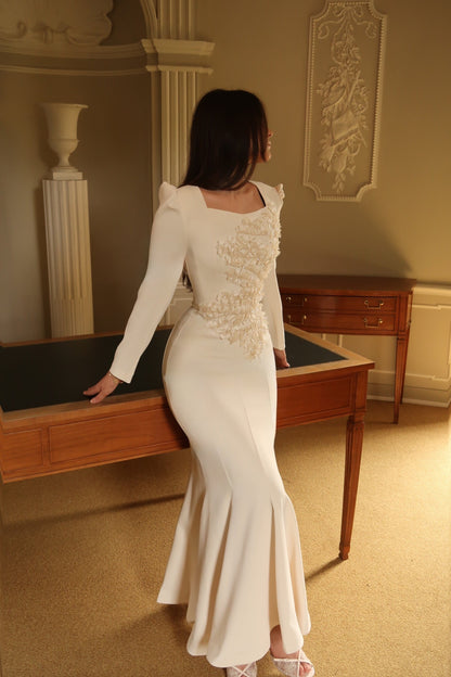 Floral Applique Mermaid Gown with Puff Long Sleeves