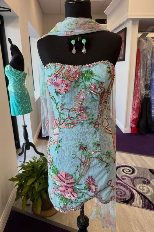 Embroidered Strapless Mini Dress with Shawl