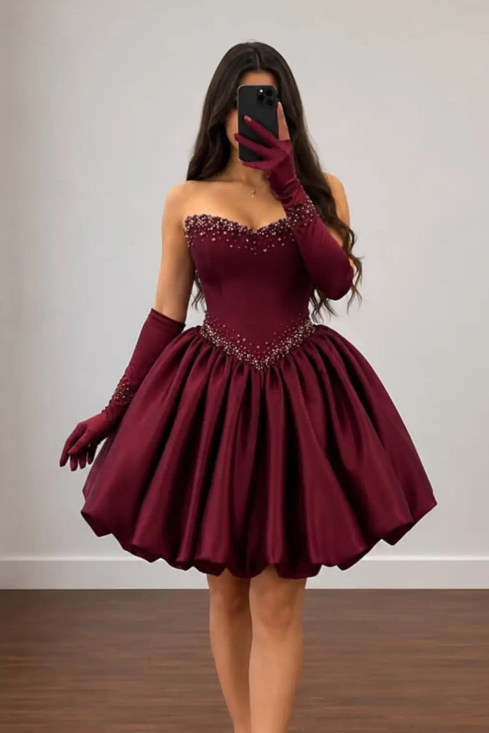 Strapless Beaded Bubble Mini Dress with Matching Gloves