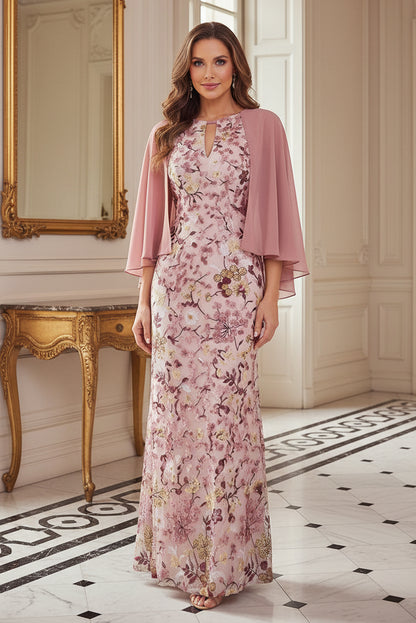 Floral Embroidered Cape Evening Gown with Keyhole Neck