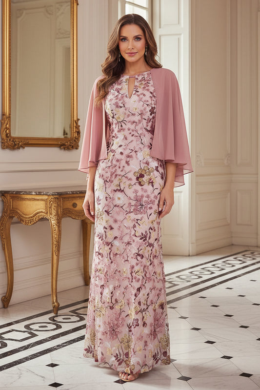 Floral Embroidered Cape Evening Gown with Keyhole Neck