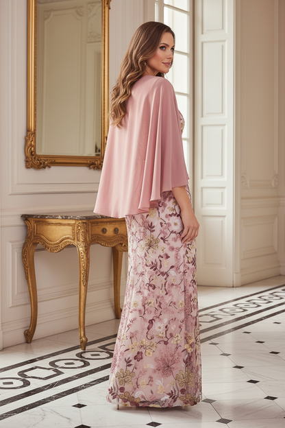 Floral Embroidered Cape Evening Gown with Keyhole Neck
