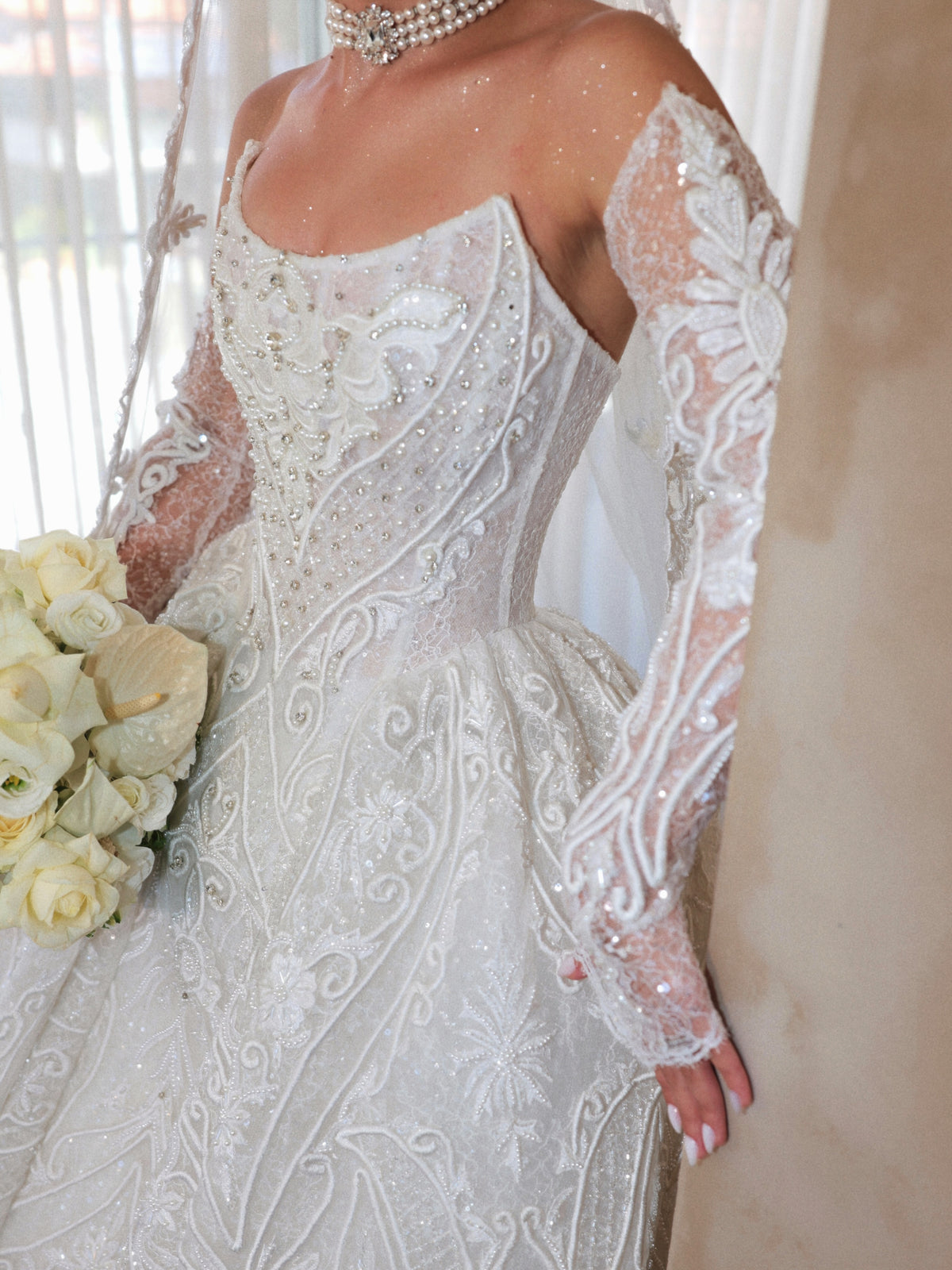 Embroidered Ball Gown Wedding Dress with Sleeves